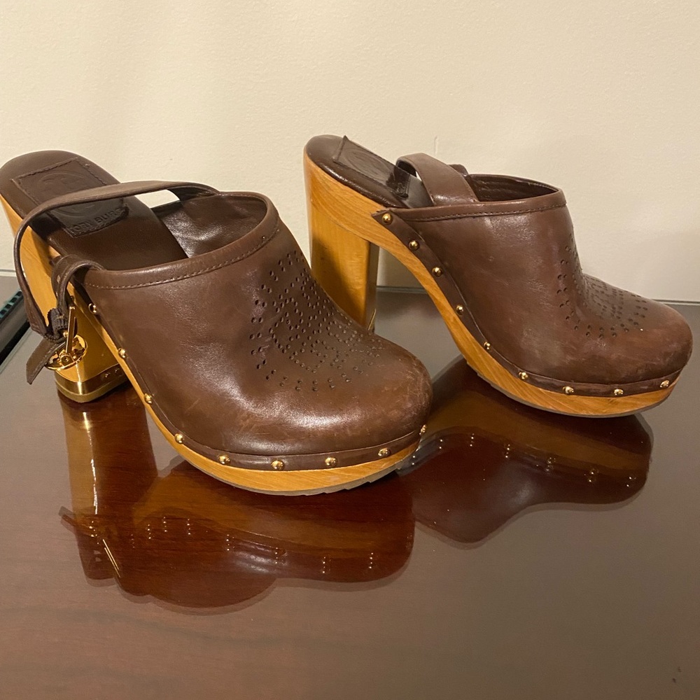 Tory Burch Brown Leather Heeled Slingback Clog 6.5